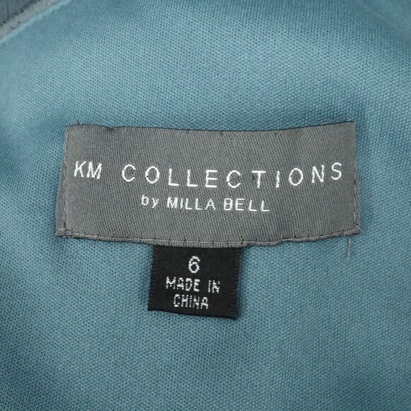 KM Collections Milla Bell Dress Gown Womens 6 Gray Green Chiffon Rhinestones - Picture 3 of 13